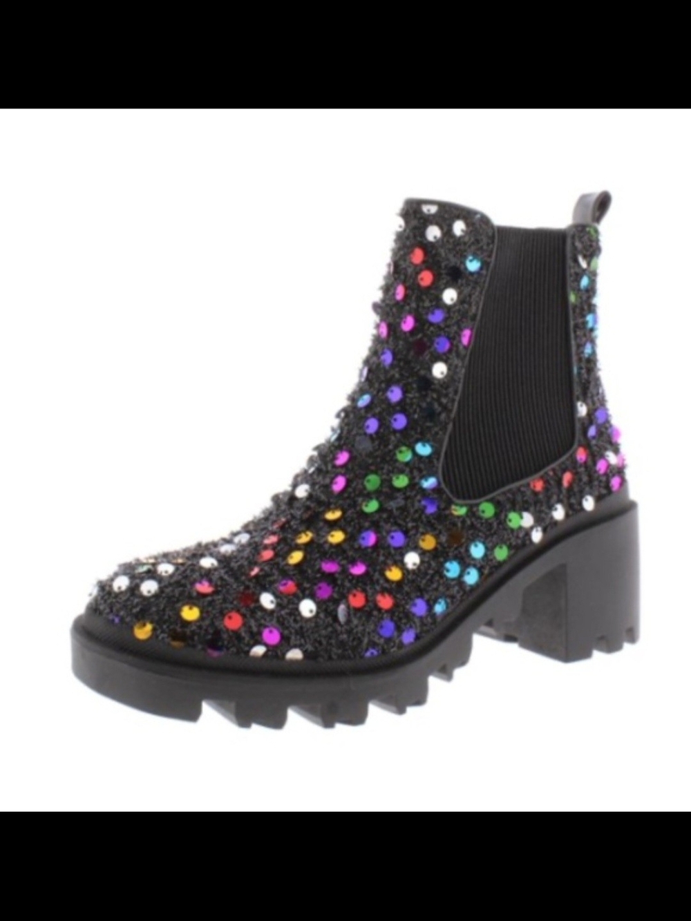 Betsey Johnson Black Sequin Chelsea Boots with Rainbow Studs NWOT, Women Size 8
